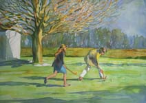 Two figures playing ball game in field